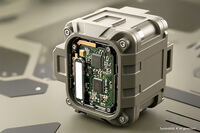 The image shows a compact electronic device with a protective casing, revealing internal circuitry.