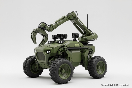The image features a military-style robotic vehicle equipped with an articulated arm and cameras.