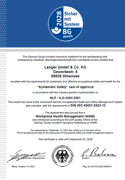 The image displays a certificate confirming that Langer GmbH & Co. KG meets occupational safety and health standards, valid until September 30, 2028.